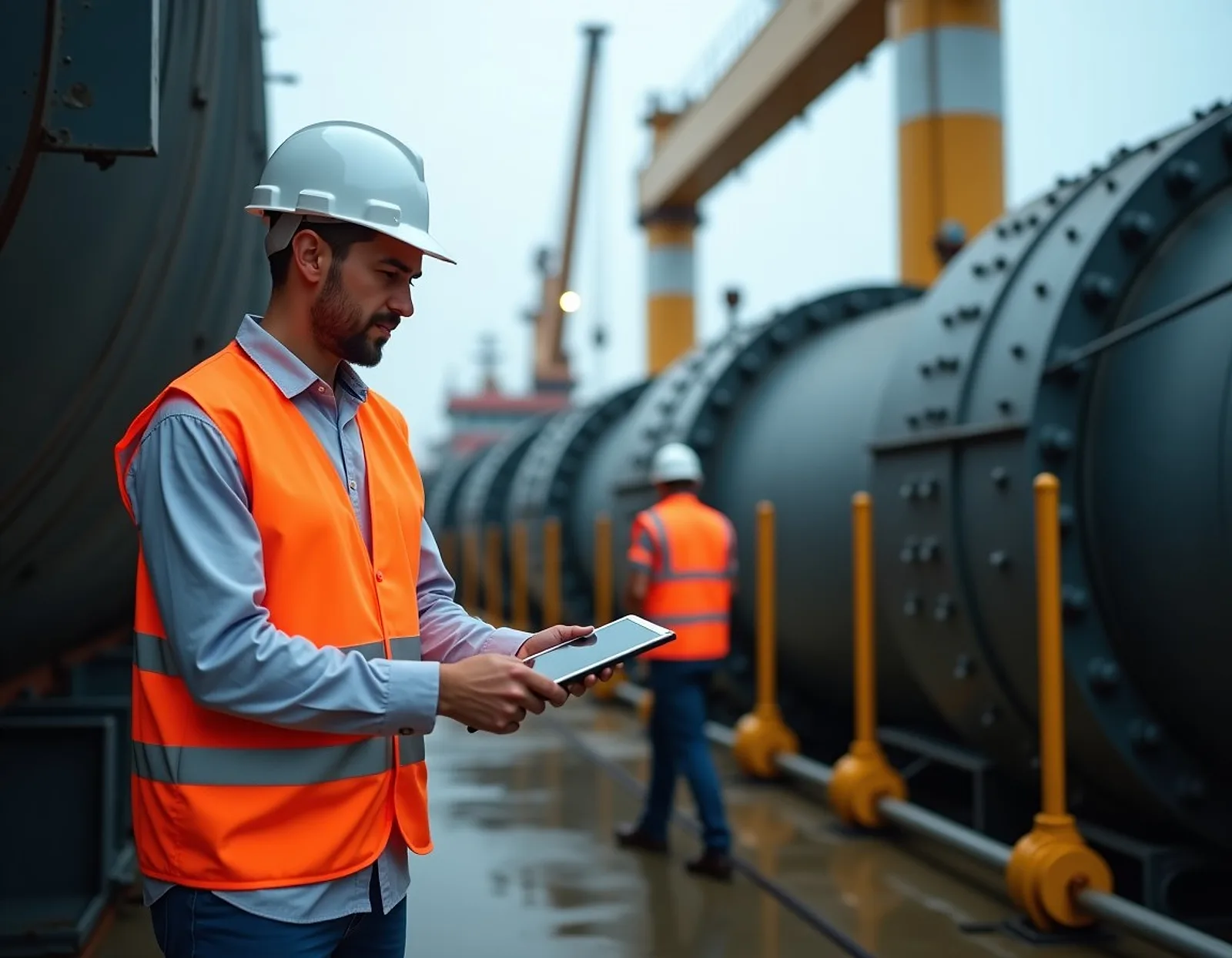 Technical superintendent in a white hard hat and hi-vis vest checking machinery with a tablet on a ship deck